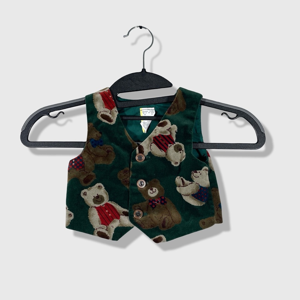 Vintage Teddy Bear Vest Kids 3-6 Months Green Velvet Holiday Cute Retro